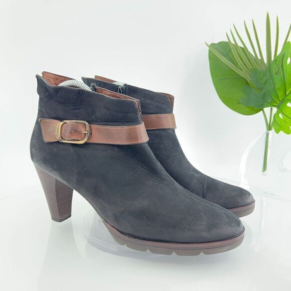 Paul Green Women's Boot Size 9 Block Heel Black Nubuck Bootie Brown Strap - Picture 1 of 15